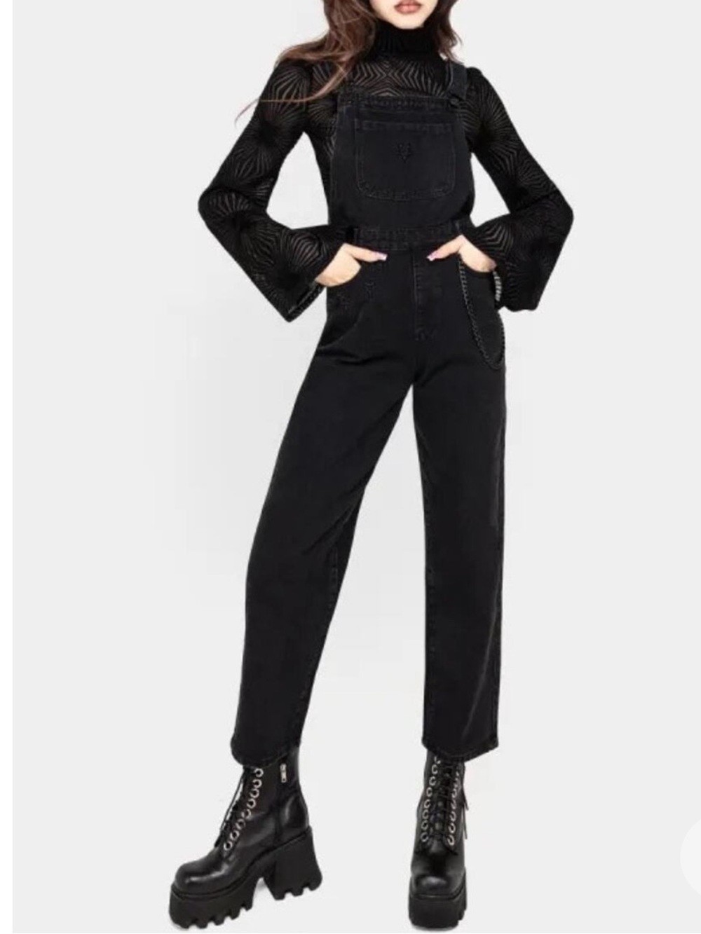 Disturbia Black Denim Overall Jumpsuit with Chain Detail